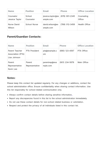Free School Contact List Template to Edit Online