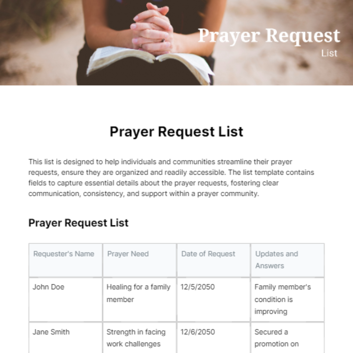 Prayer Request List Template