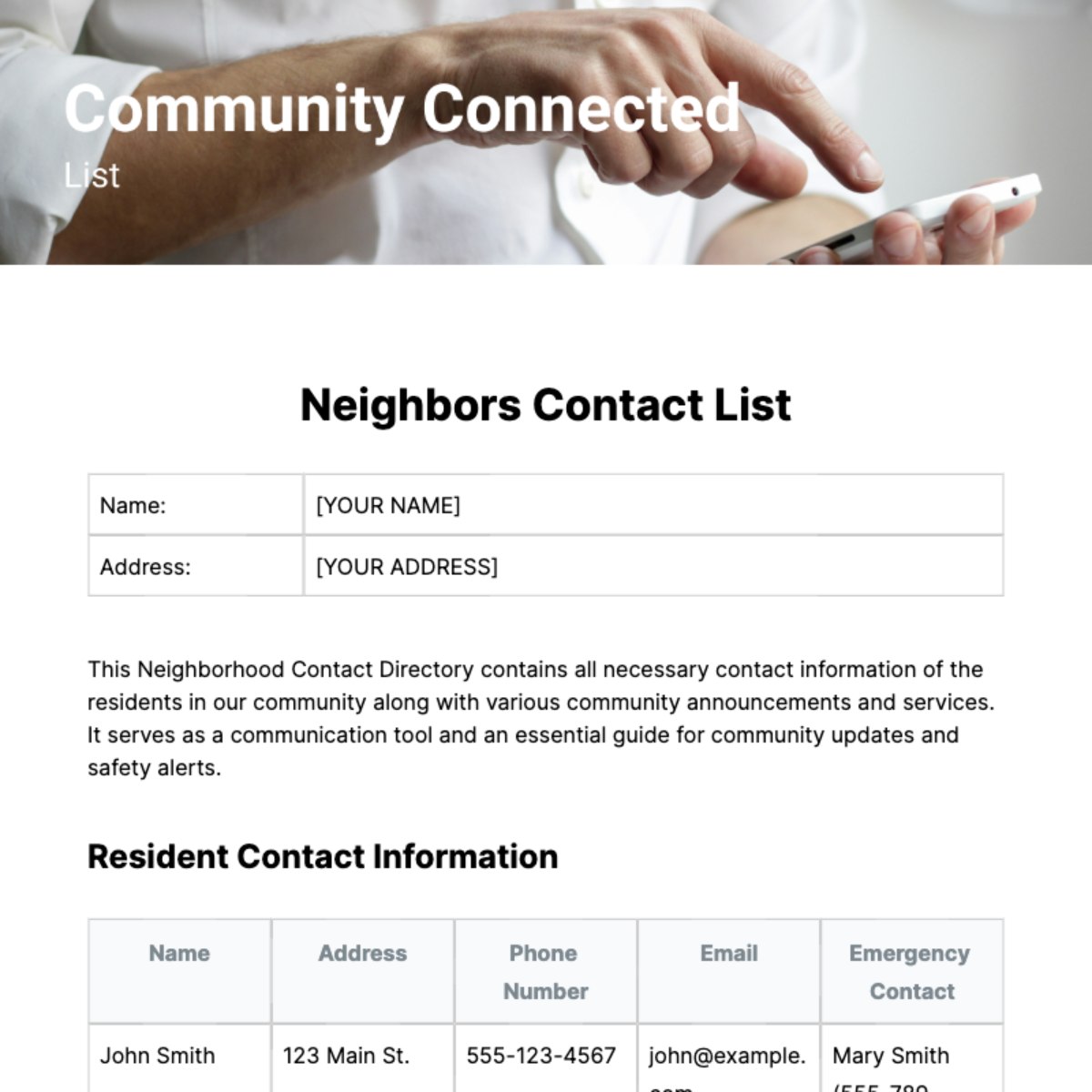 Neighbors Contact List Template