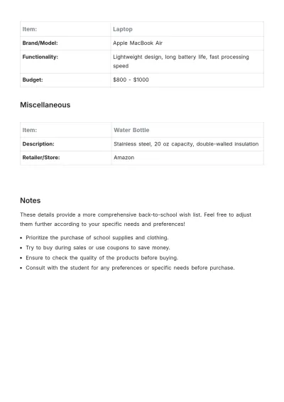 Free Back Of School Wish List Template to Edit Online