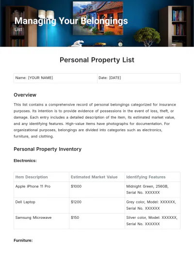 Free Personal Property List to Edit Online
