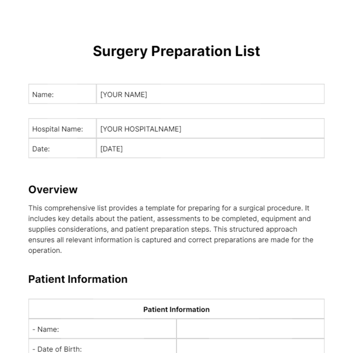 Surgery List Template