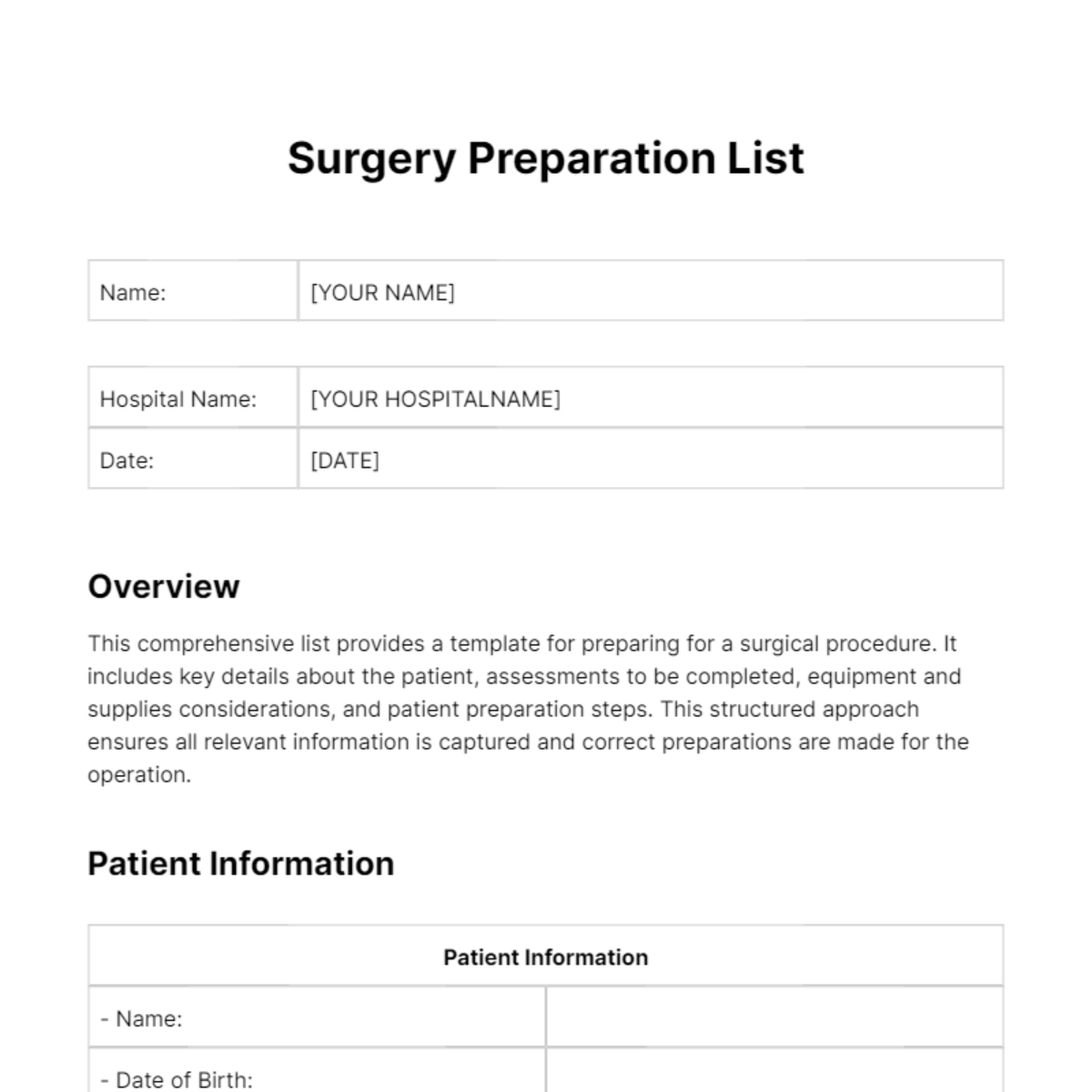 Surgery List Template - Edit Online & Download