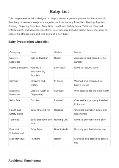 Free Baby List Template to Edit Online