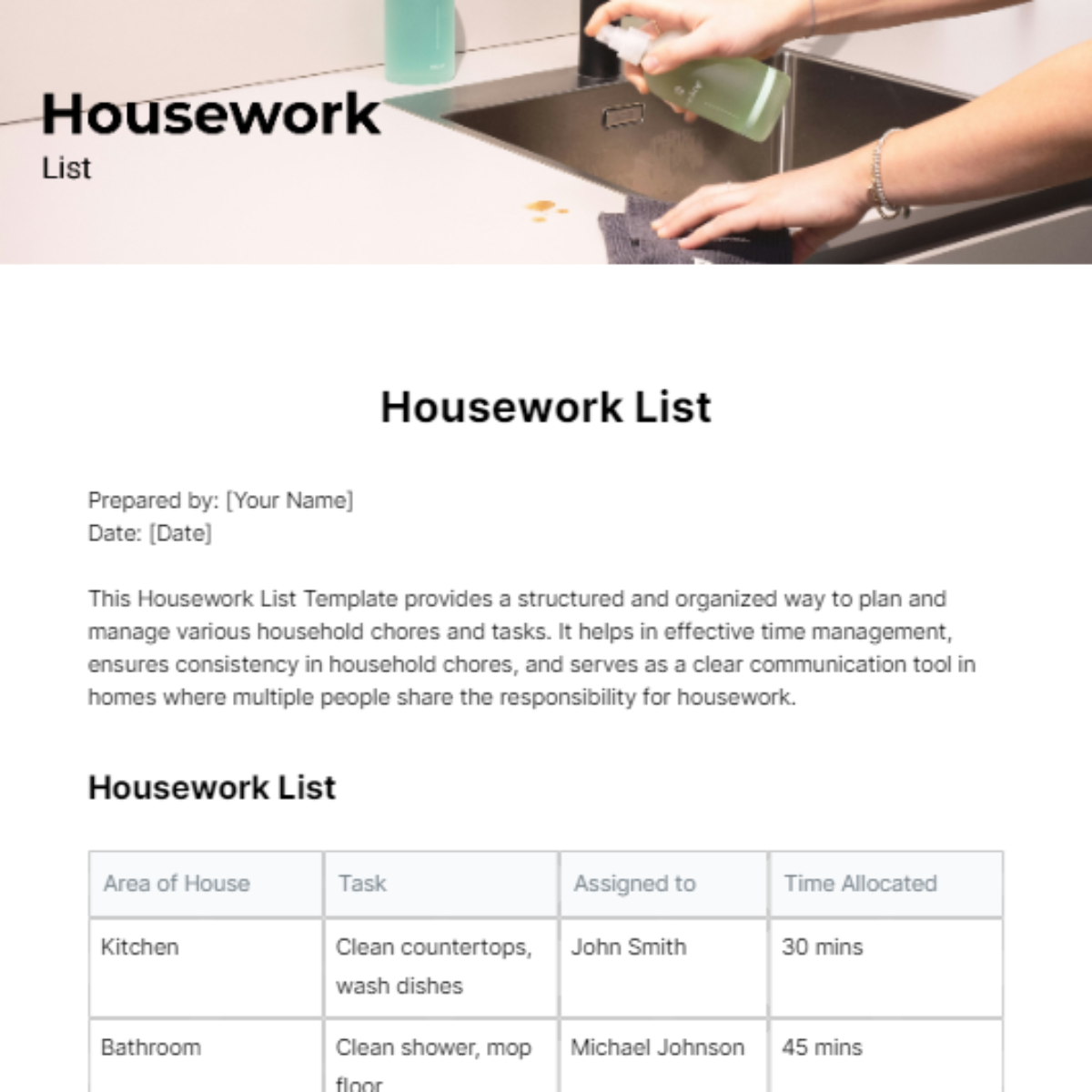 Housework List Template