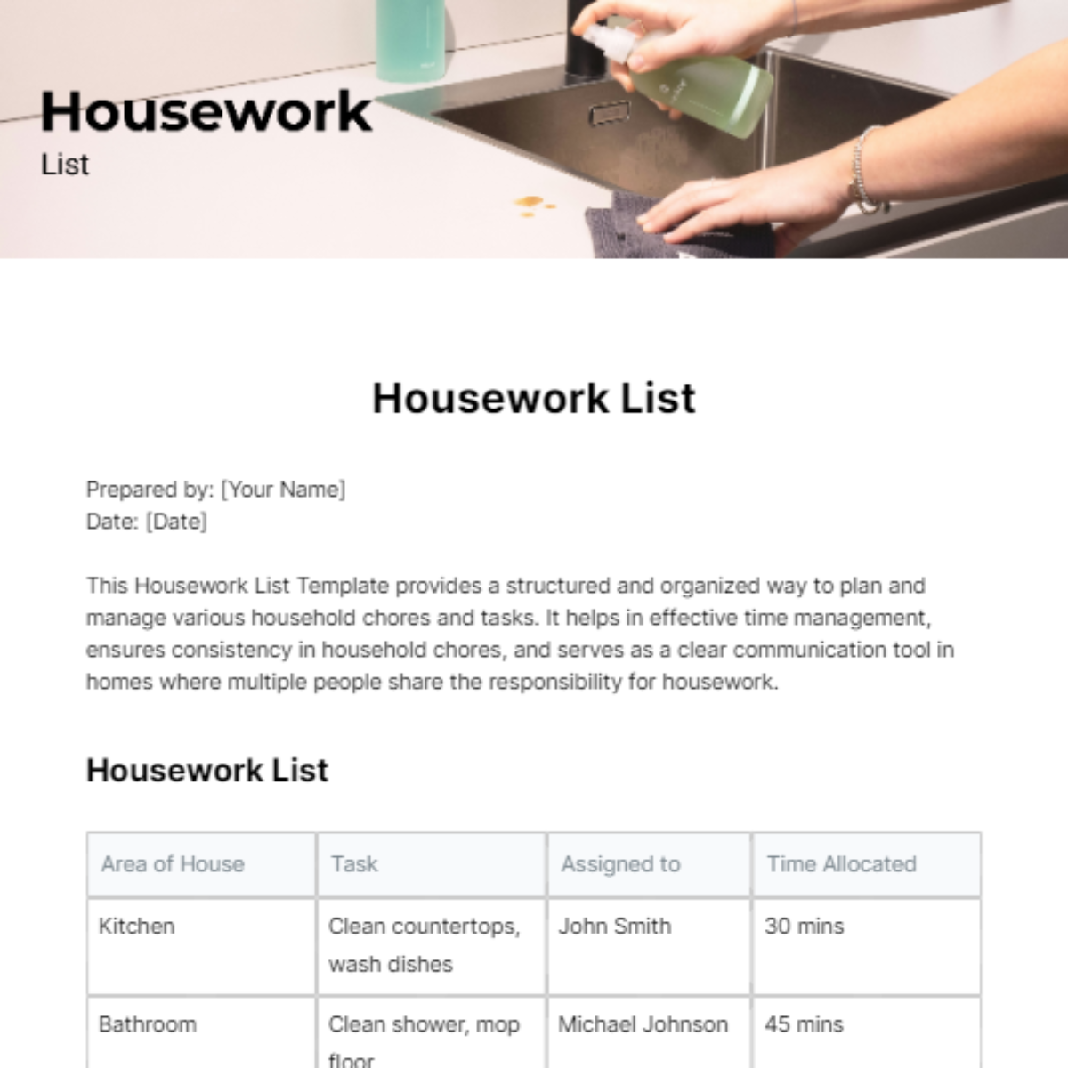 Housework List Template - Edit Online & Download