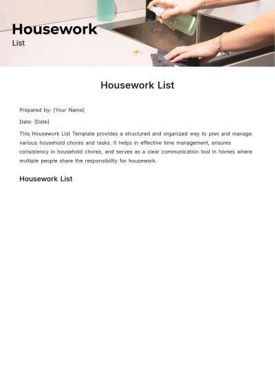 Free Housework List Template to Edit Online