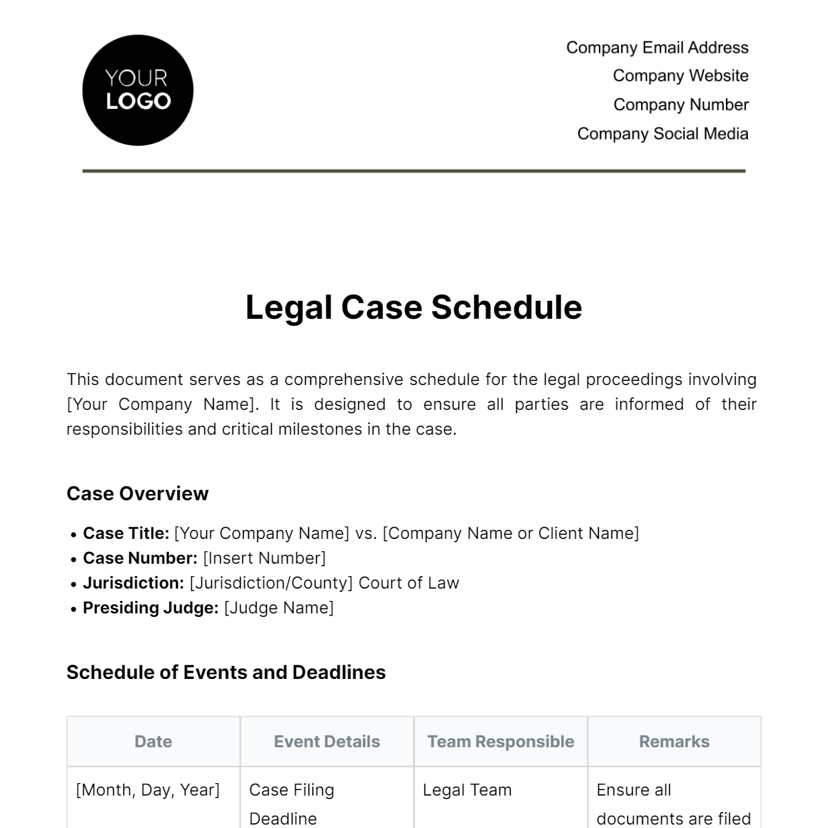 Legal Case Schedule Template