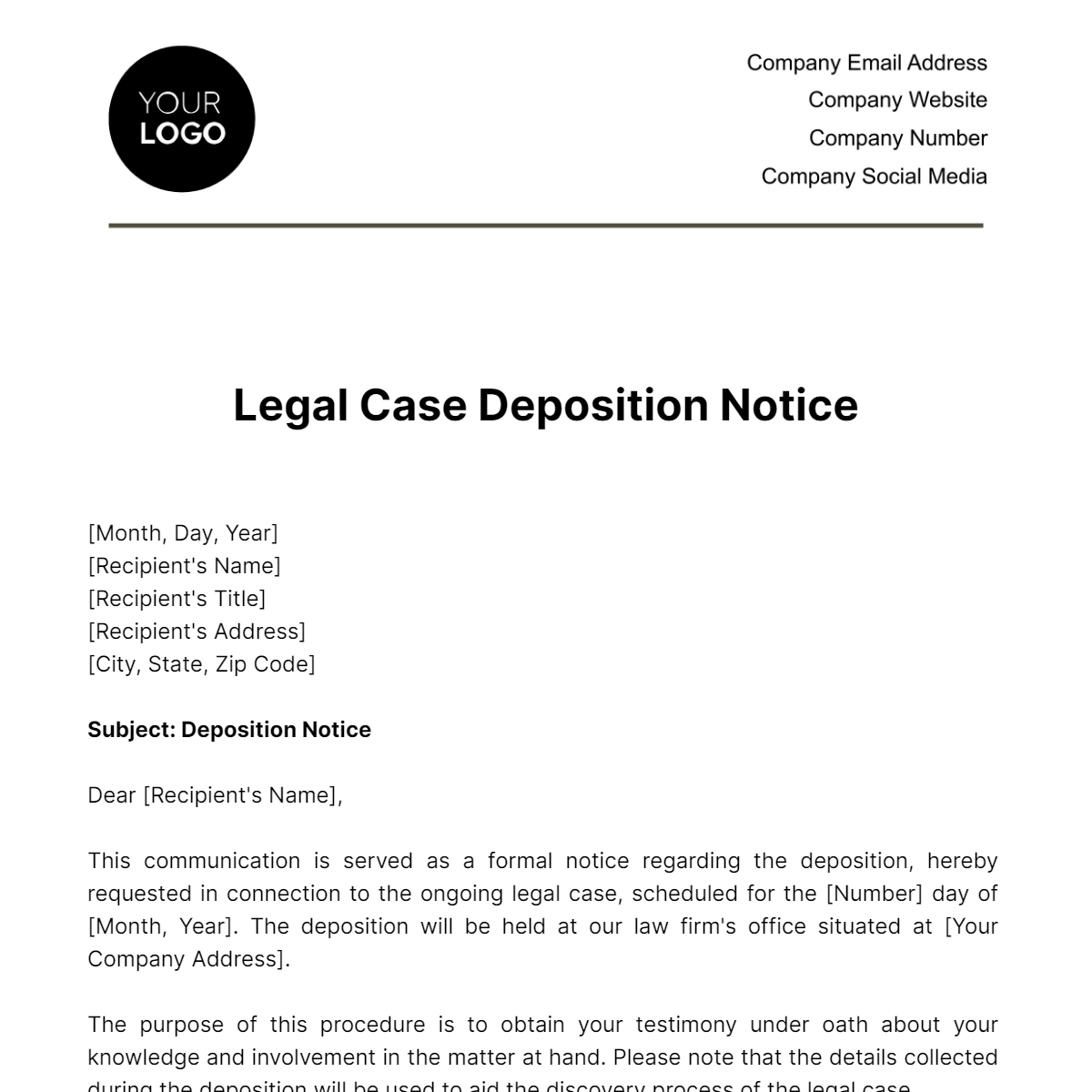 Legal Case Deposition Notice Template