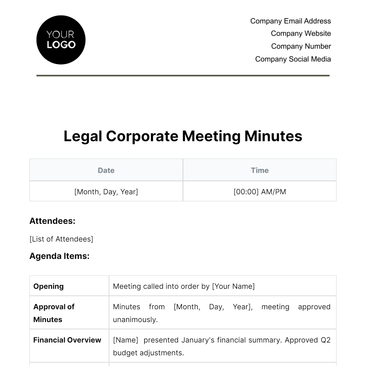 Free Legal Corporate Meeting Minutes Template