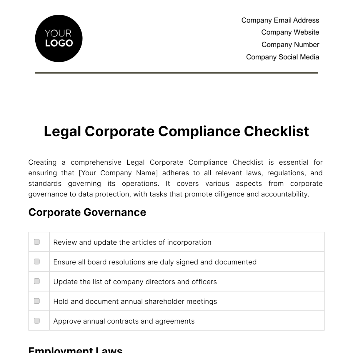 Legal Corporate Compliance Checklist Template