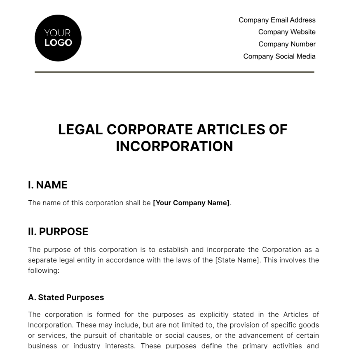 Legal Corporate Articles of Incorporation Template