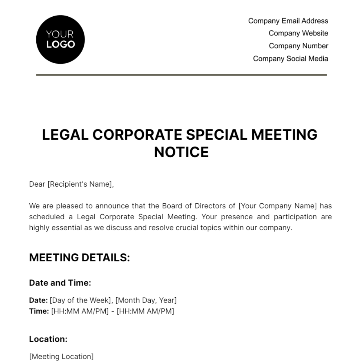 Legal Corporate Special Meeting Notice Template