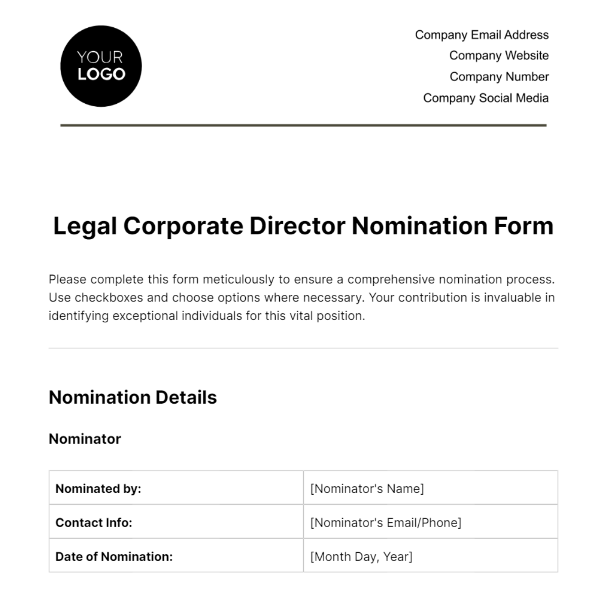 Free Legal Corporate Director Nomination Form Template