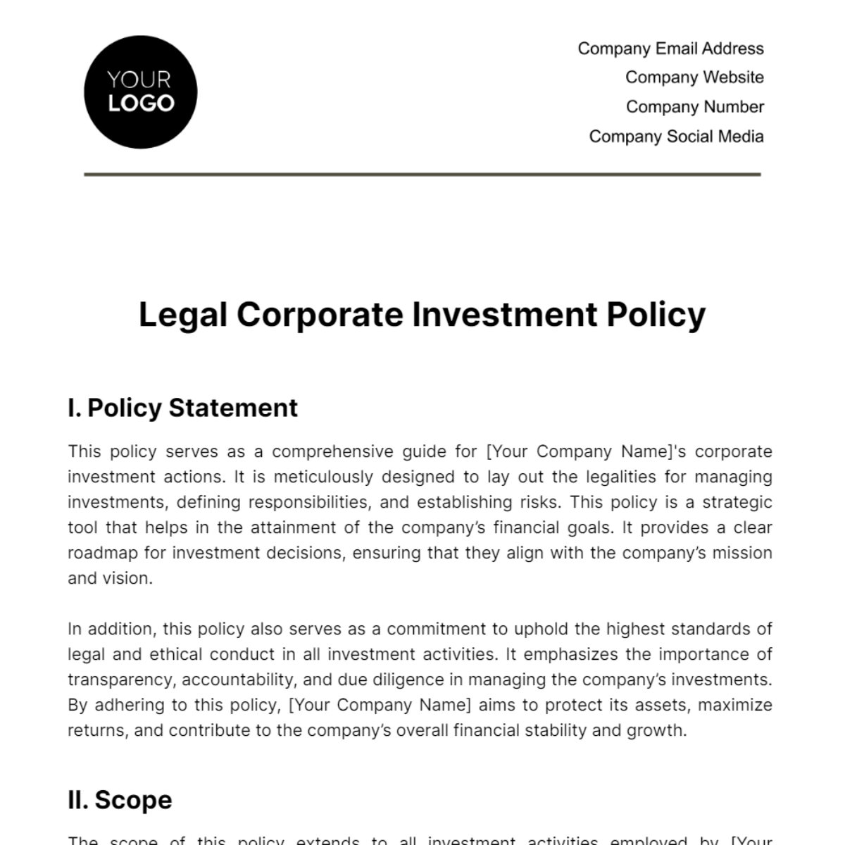 Legal Corporate Investment Policy Template