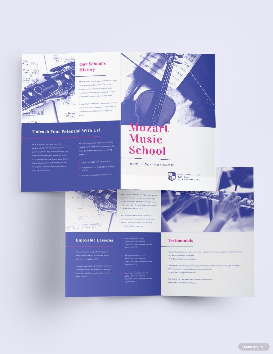 Modern Music School Bi-Fold Brochure Template in Word, Google Docs, Illustrator, PSD, Apple Pages, Publisher, InDesign
