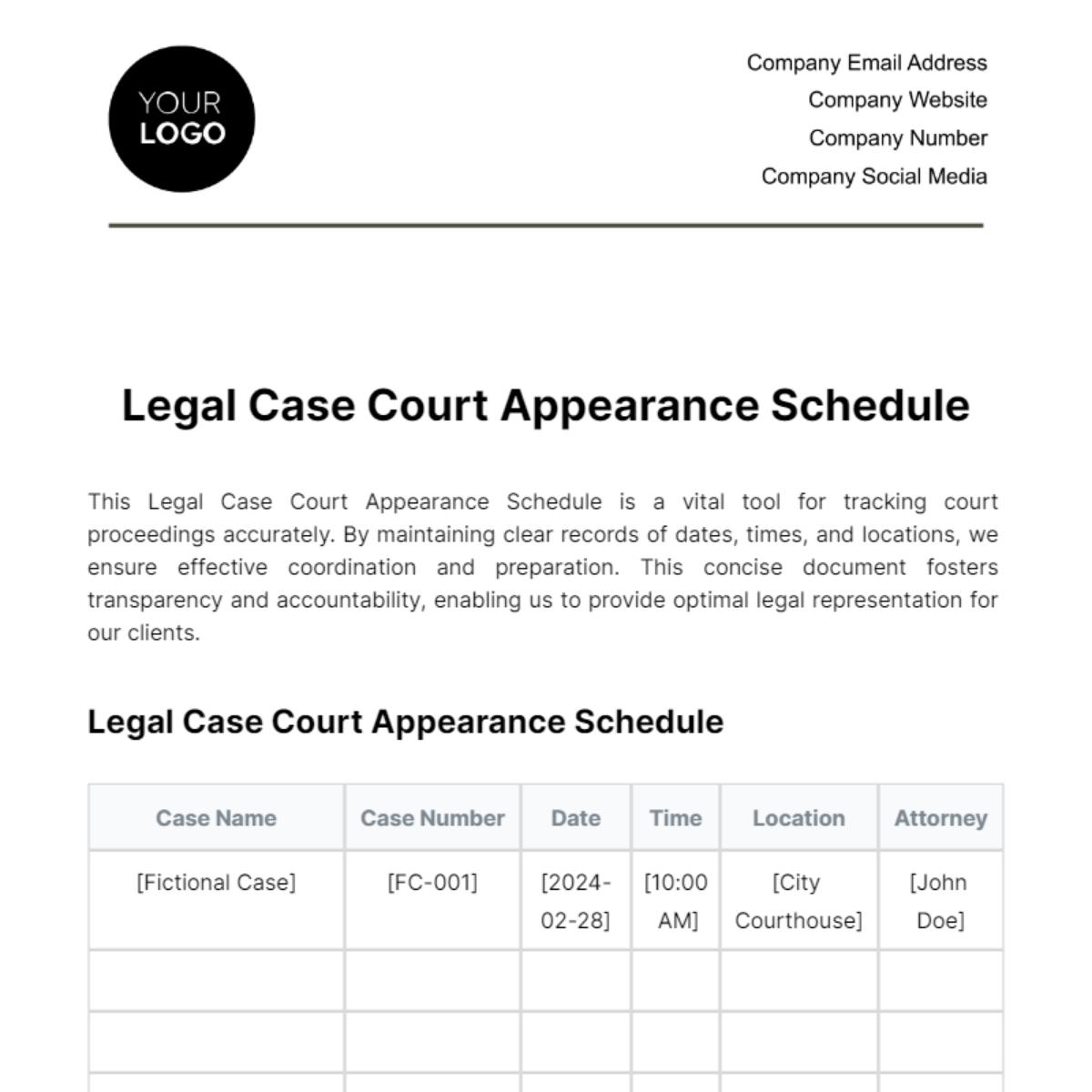 Free Legal Case Court Appearance Schedule Template