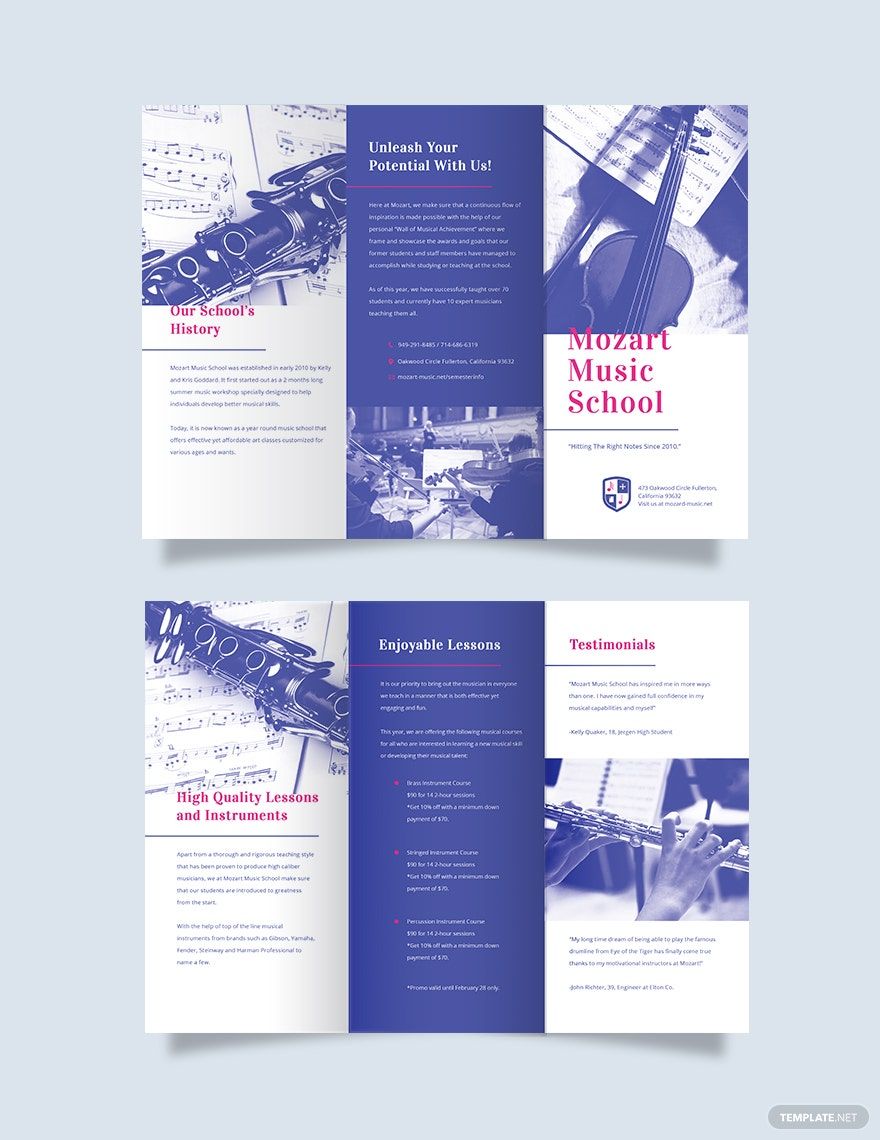 Modern Music School Tri-Fold Brochure Template in Word, Google Docs, Illustrator, PSD, Apple Pages, Publisher, InDesign