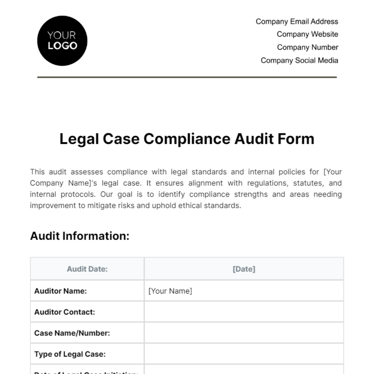 Free Legal Case Compliance Audit Form Template