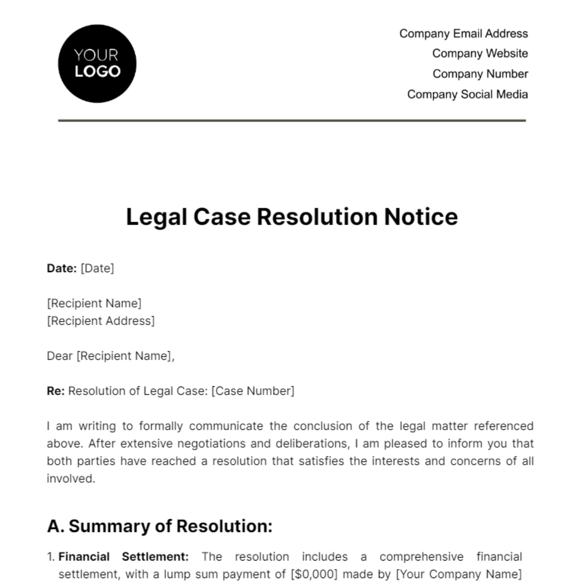 Legal Case Resolution Notice Template