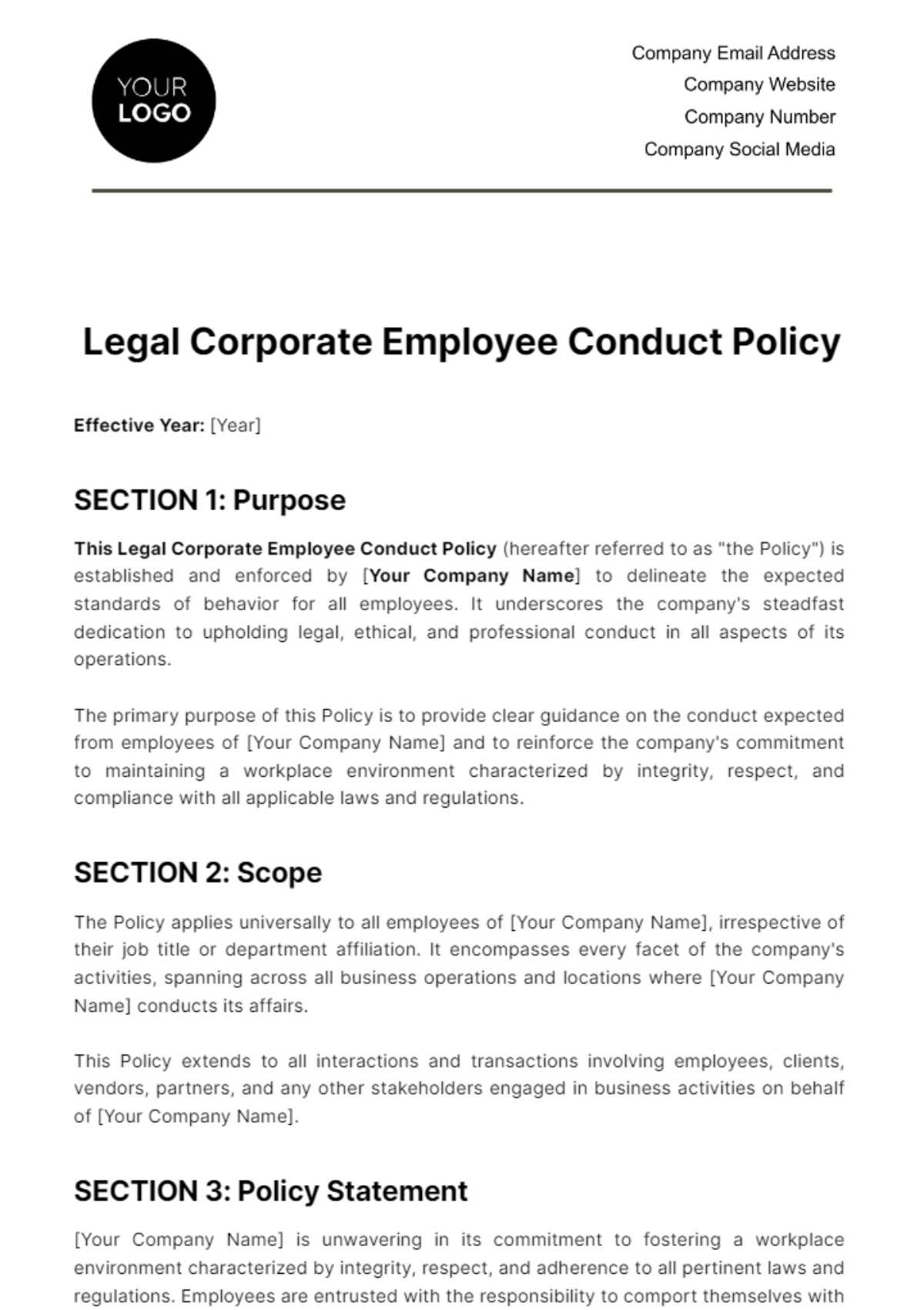 Legal Corporate Employee Conduct Policy Template