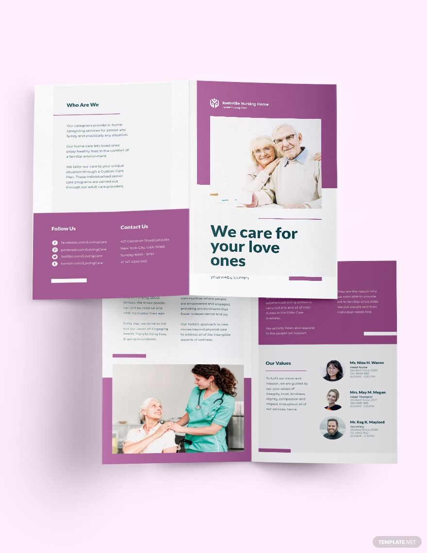 Elder Care & Nursing Home Bi-Fold Brochure Template in Word, Google Docs, Illustrator, PSD, Apple Pages, Publisher, InDesign