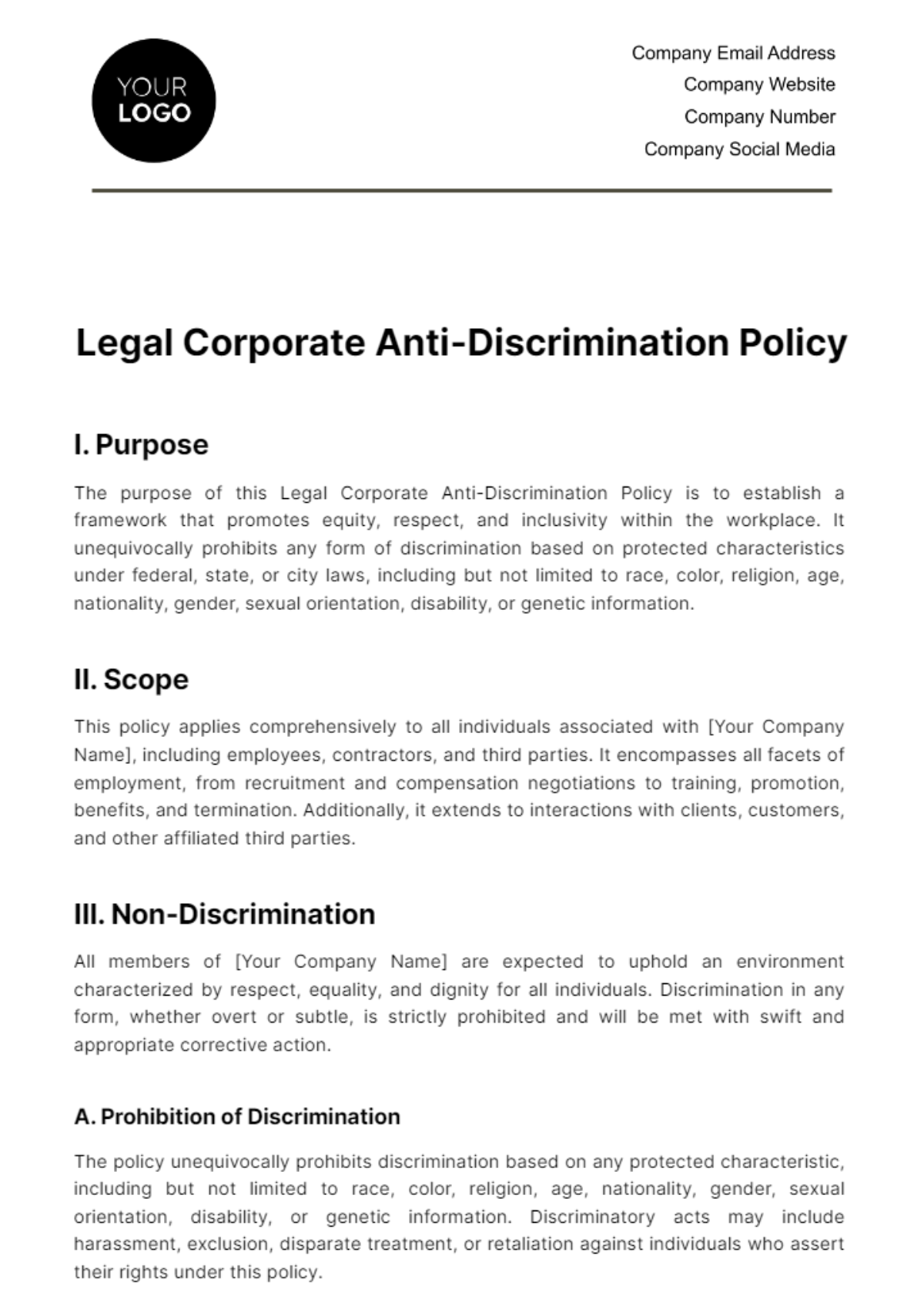 Legal Corporate Anti-Discrimination Policy Template