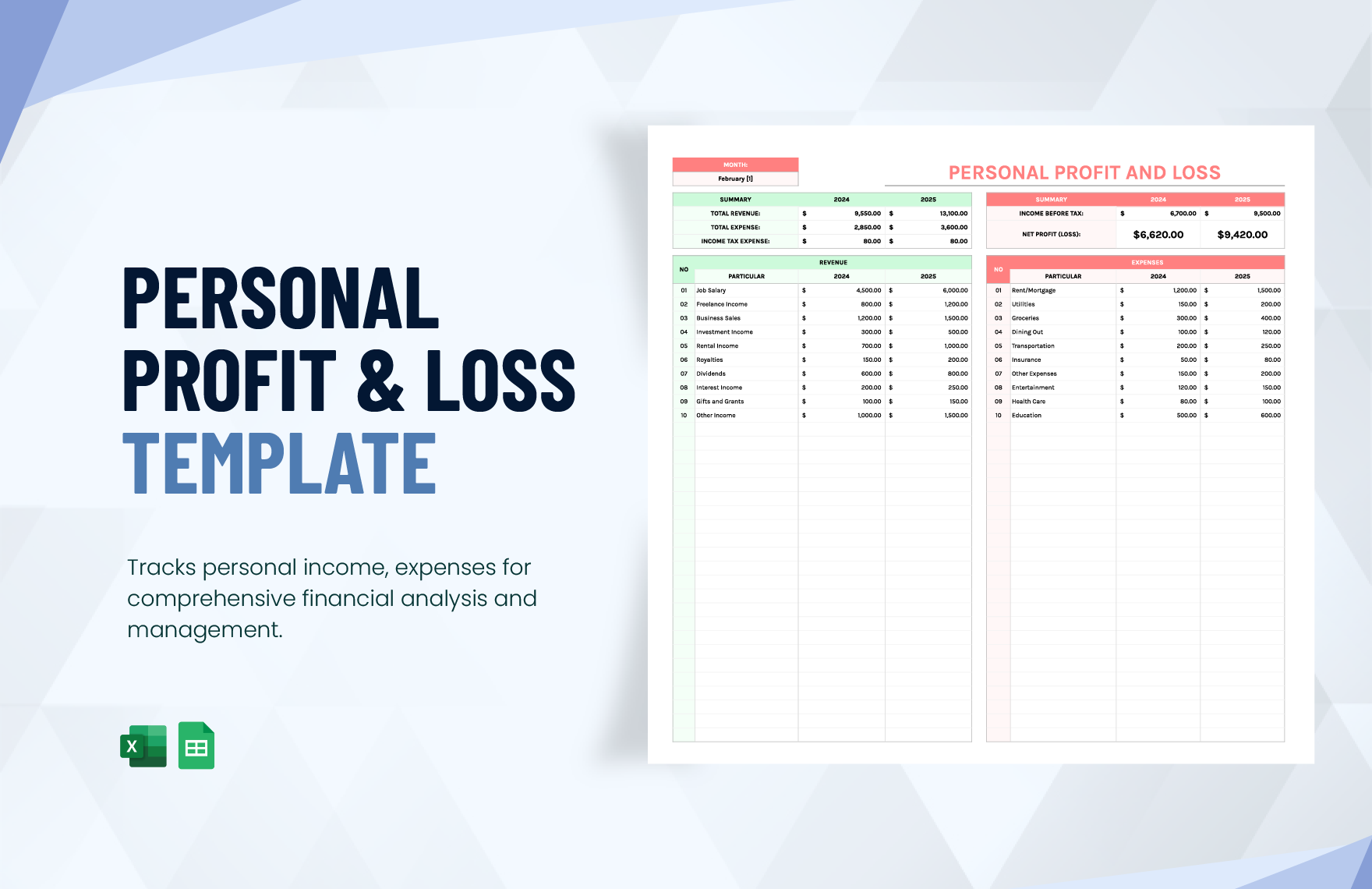 Personal Profit and Loss Template