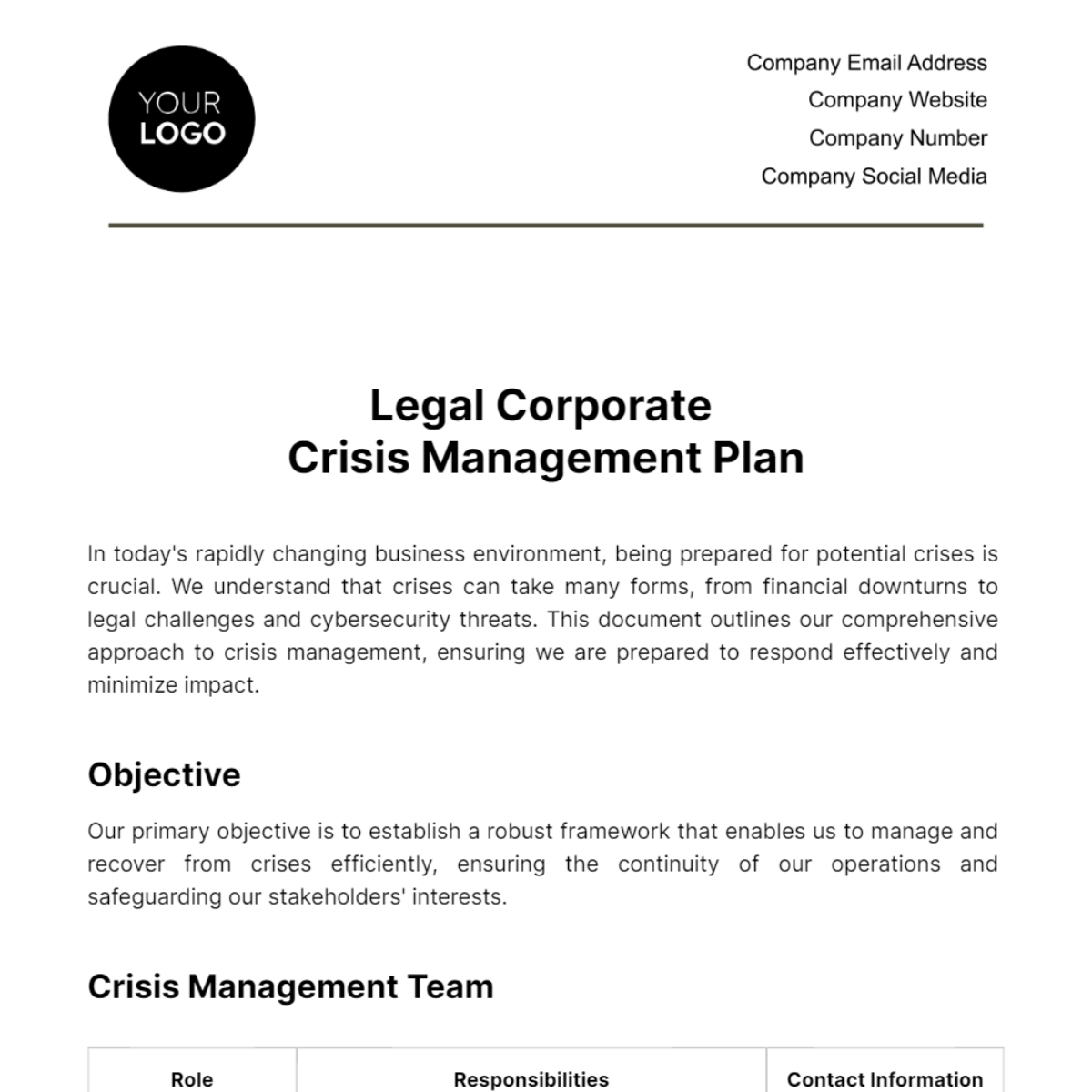 Legal Corporate Crisis Management Plan Template