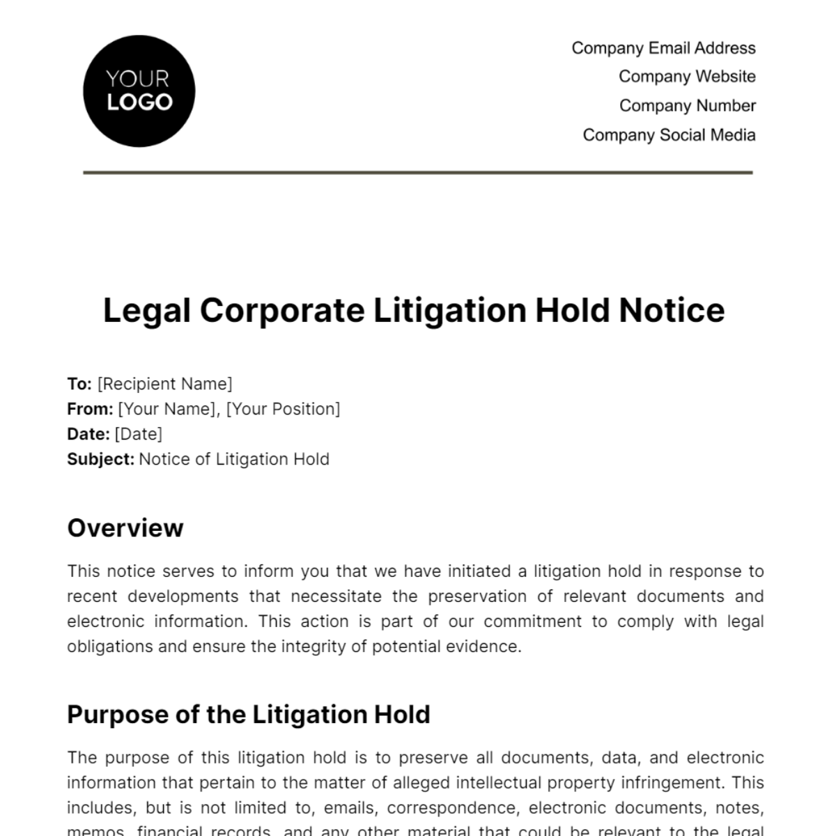 Legal Corporate Litigation Hold Notice Template