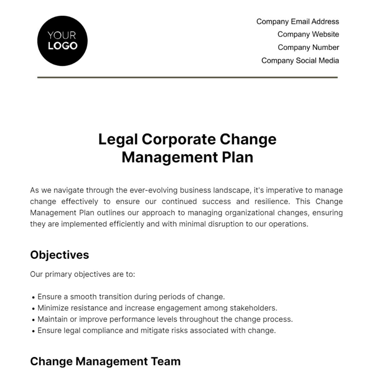 Legal Corporate Change Management Plan Template