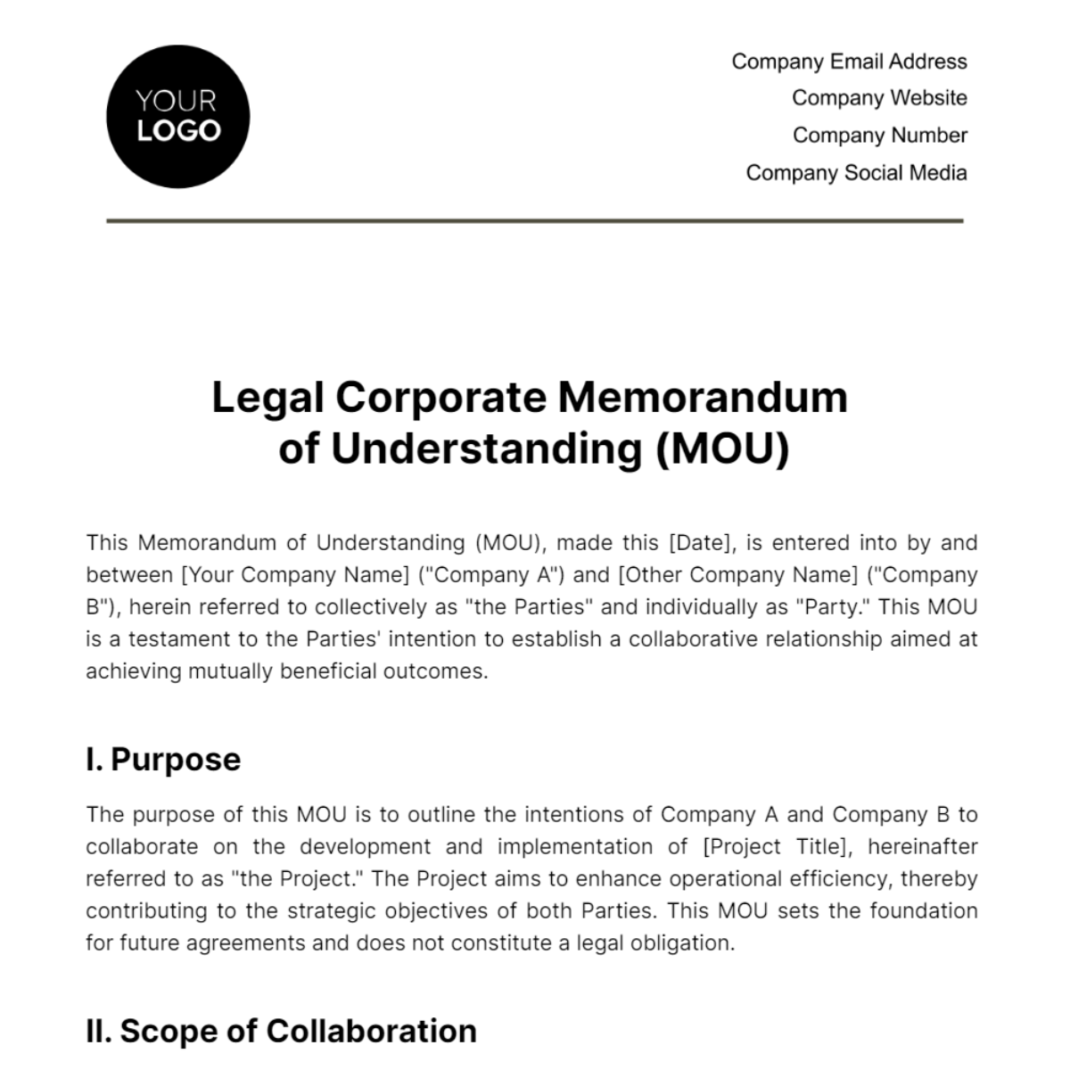Free Legal Corporate Memorandum of Understanding (MOU) Template