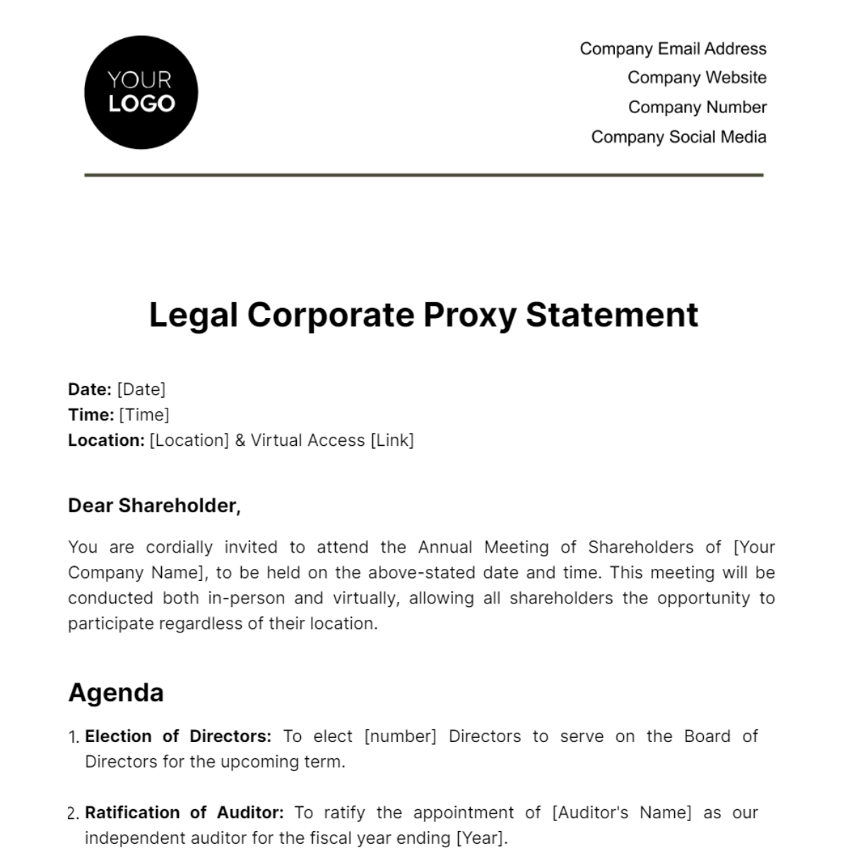 Legal Corporate Proxy Statement Template