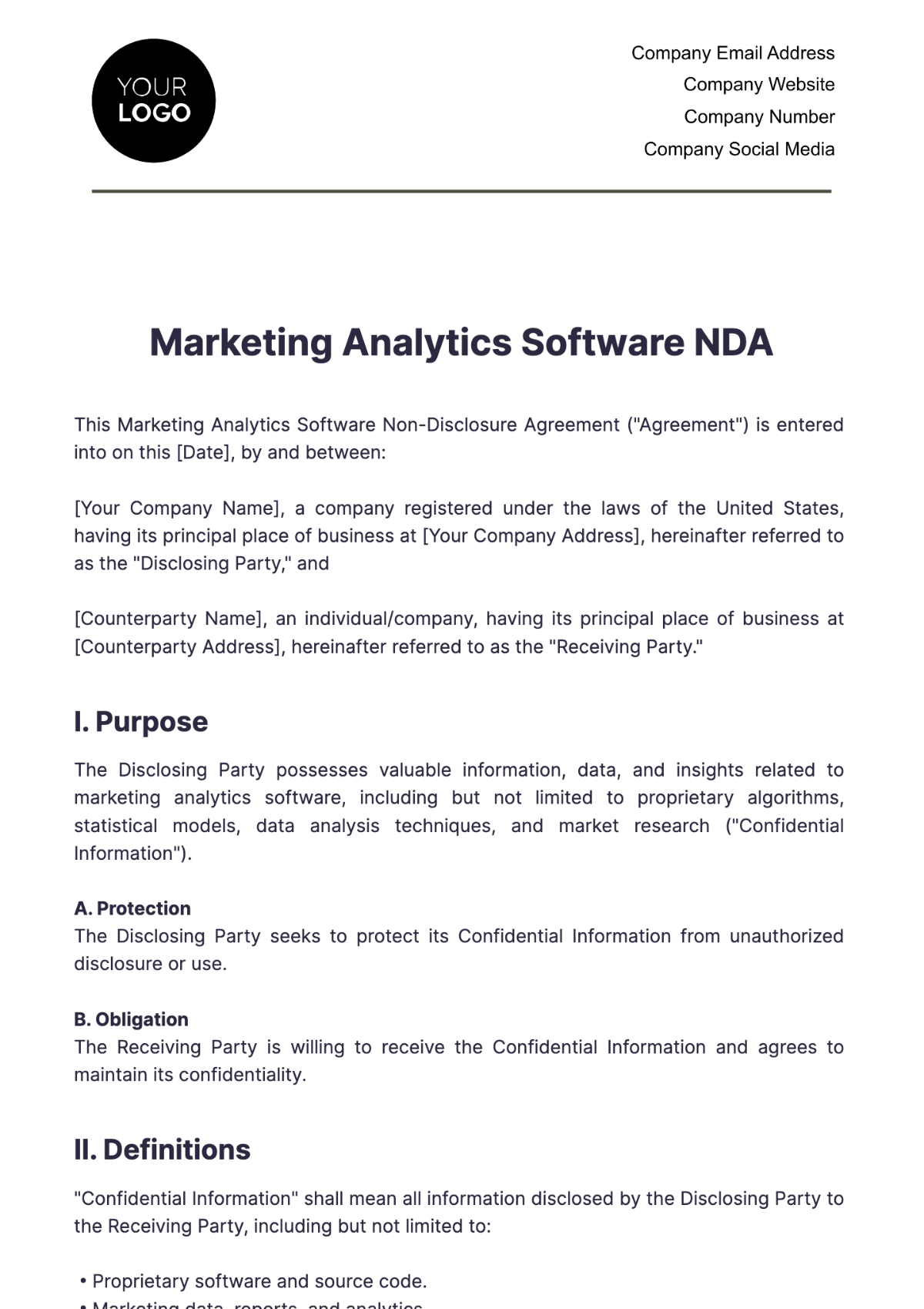 Marketing Analytics Software NDA Template - Edit Online & Download