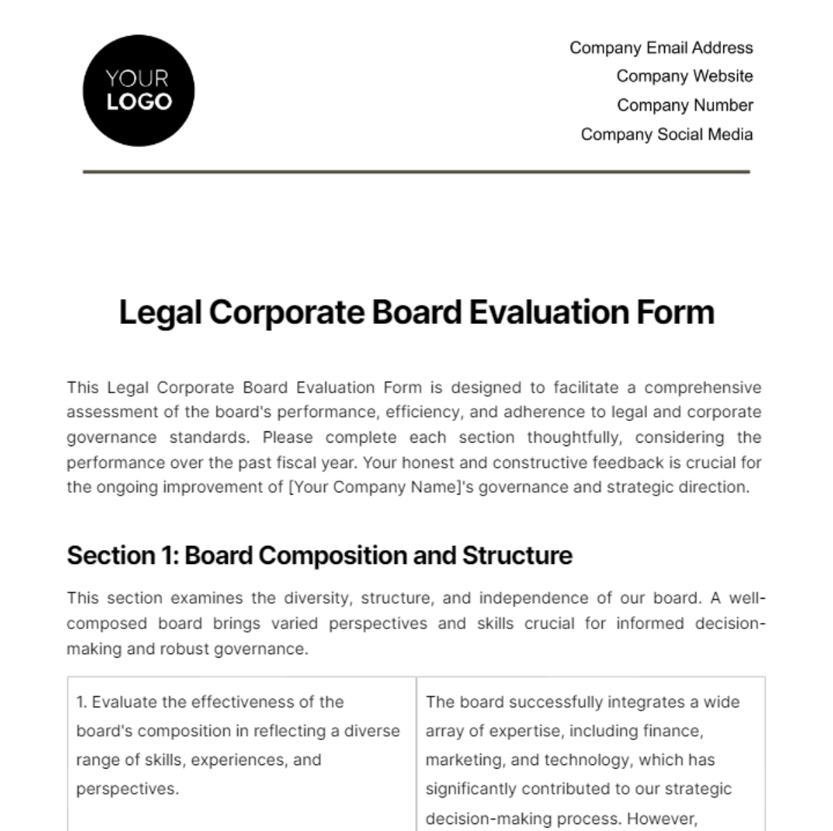 Legal Corporate Board Evaluation Form Template