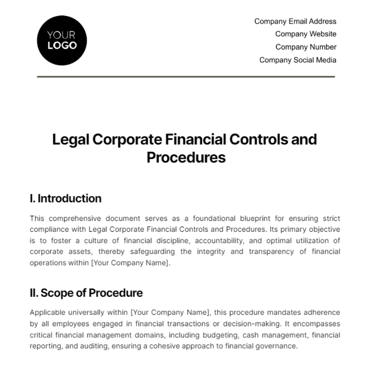 Legal Corporate Financial Controls and Procedures Template