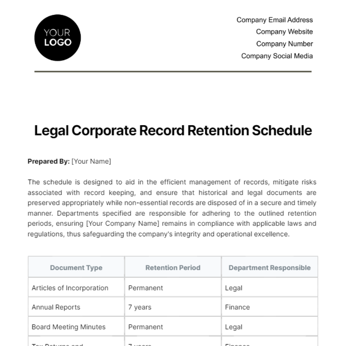 Legal Corporate Record Retention Schedule Template