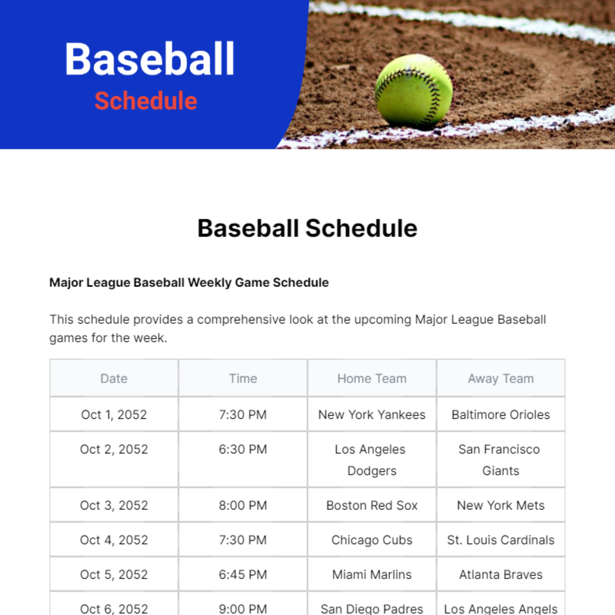 Baseball Schedule Template