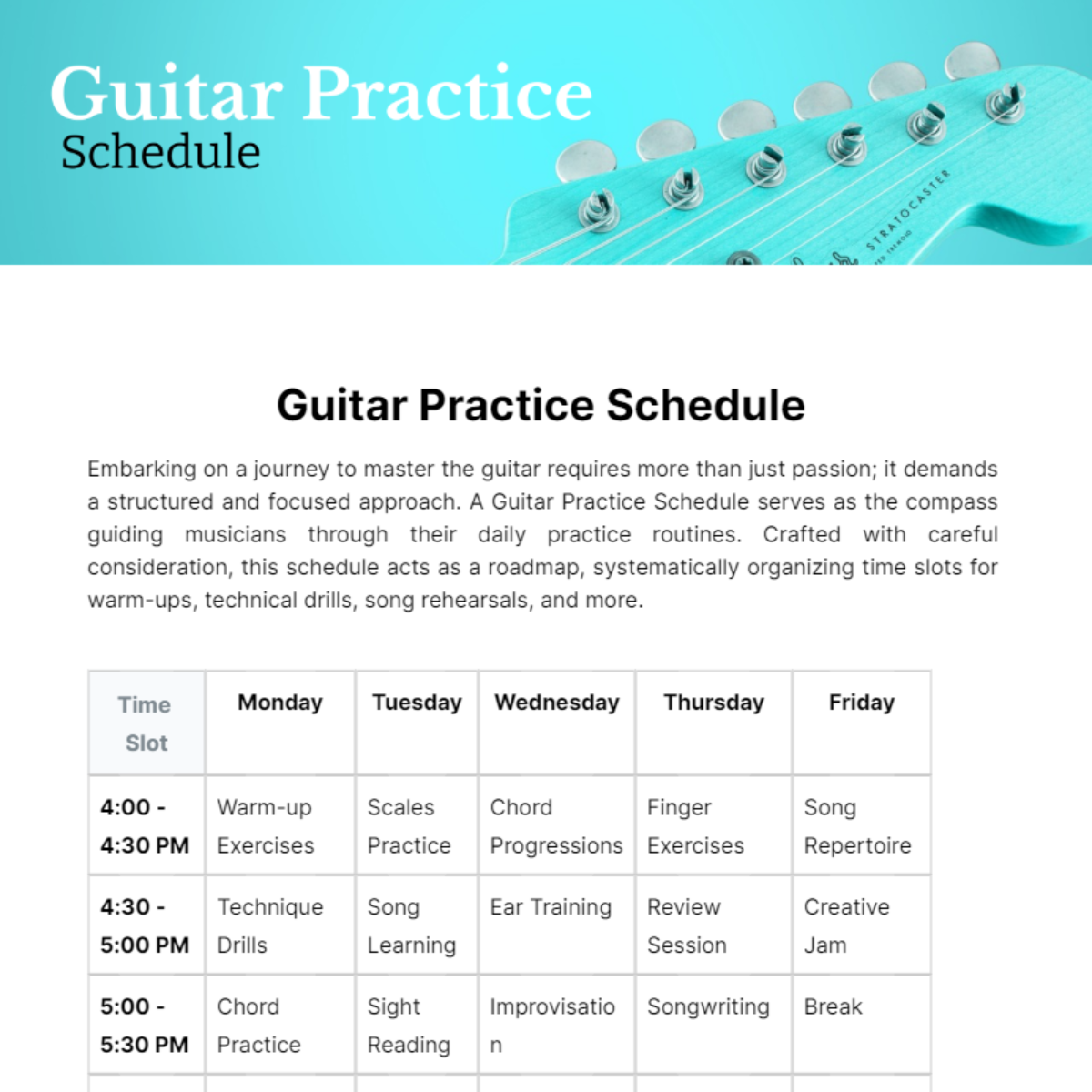 Guitar Practice Schedule Template
