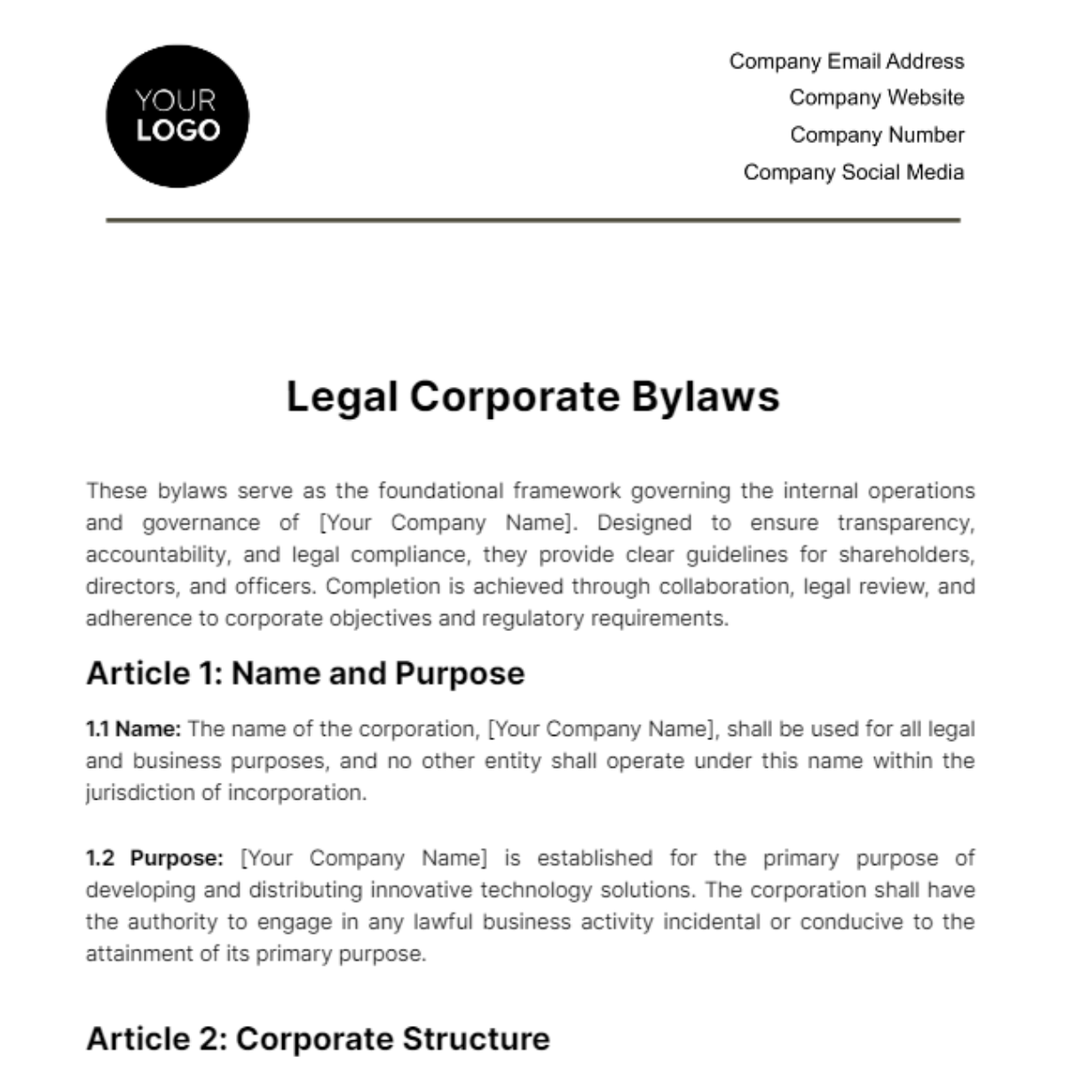 Legal Corporate Bylaws Template