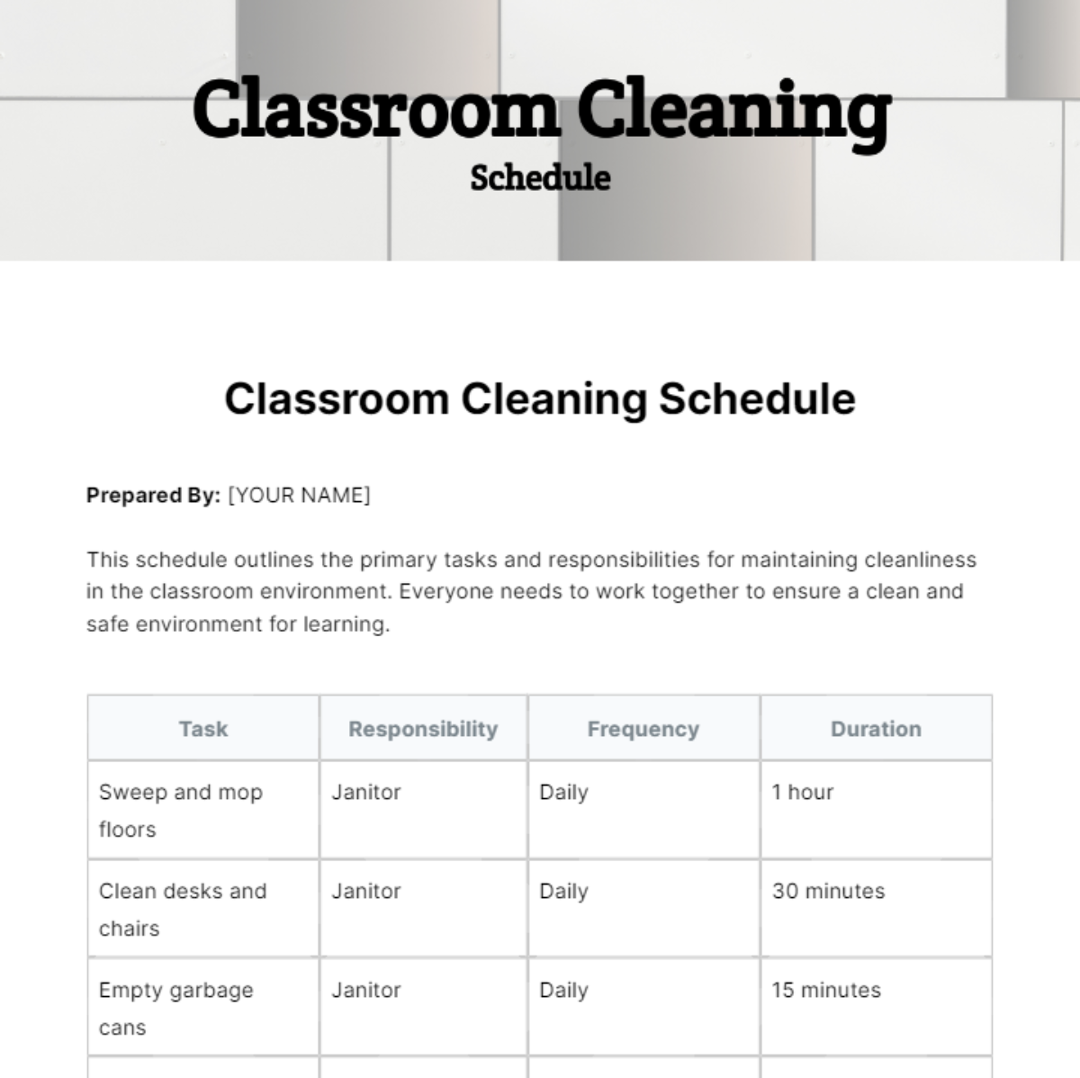Classroom Cleaning Schedule Template