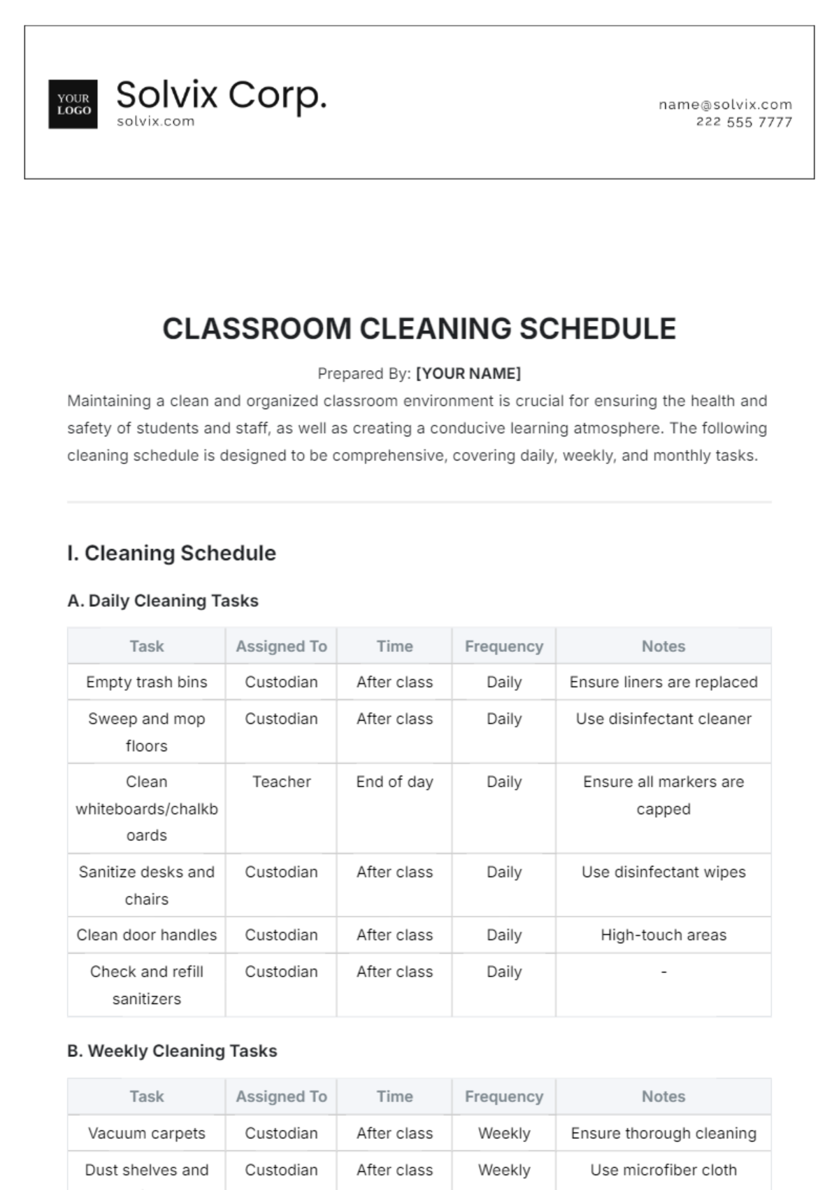 Classroom Cleaning Schedule Template - Edit Online & Download