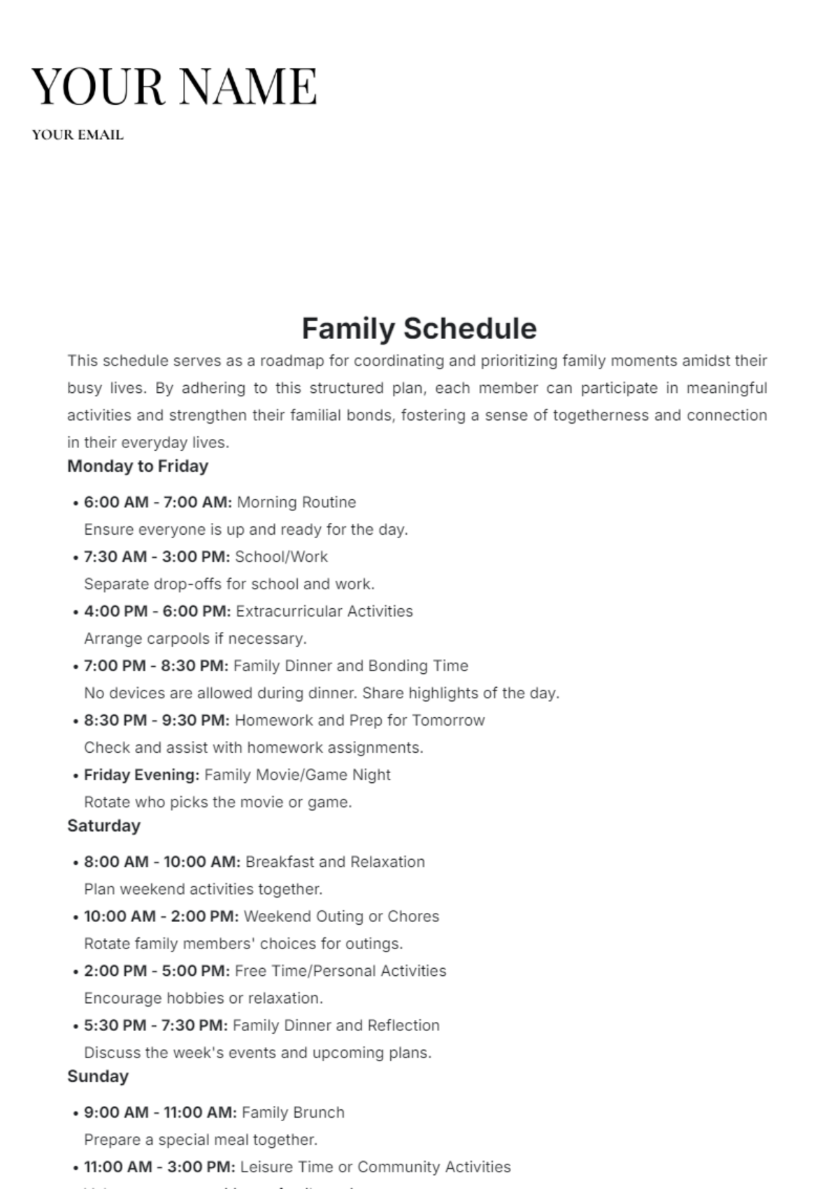 Family Schedule Template - Edit Online & Download