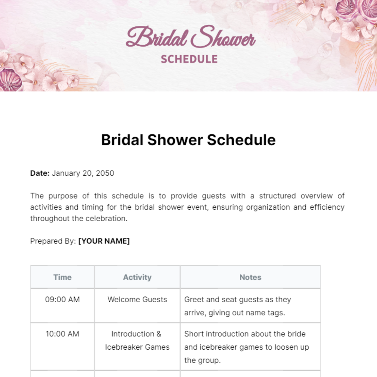 Bridal Shower Schedule Template