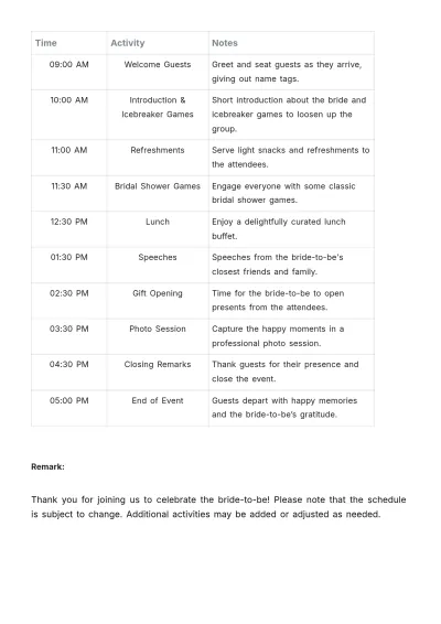 Free Bridal Shower Schedule Template to Edit Online
