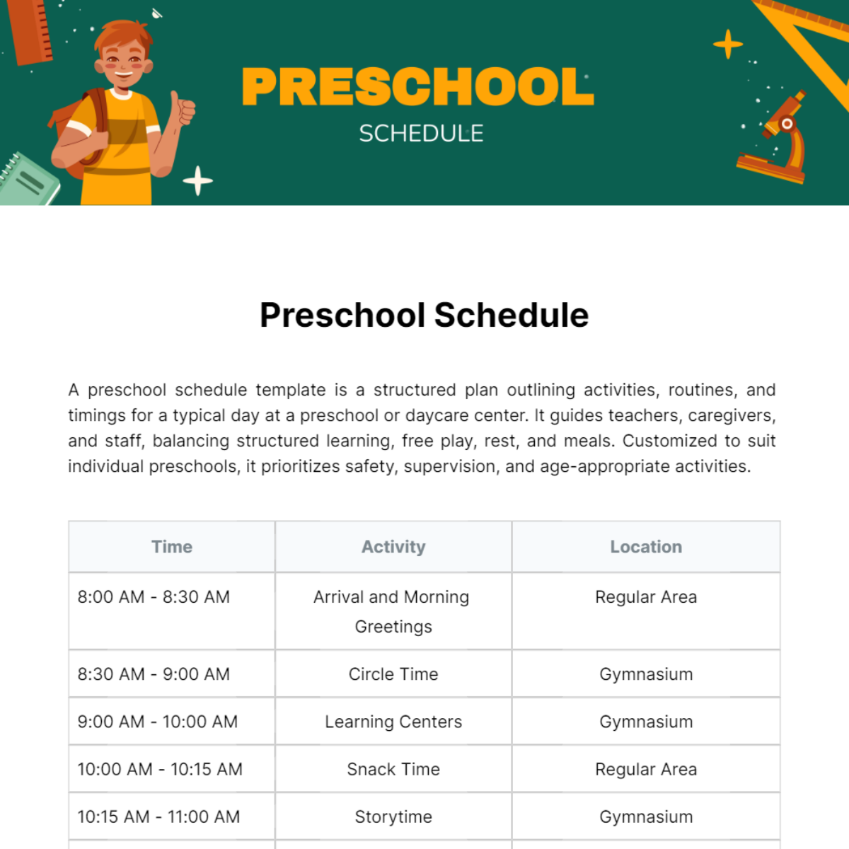 Preschool Schedule Template
