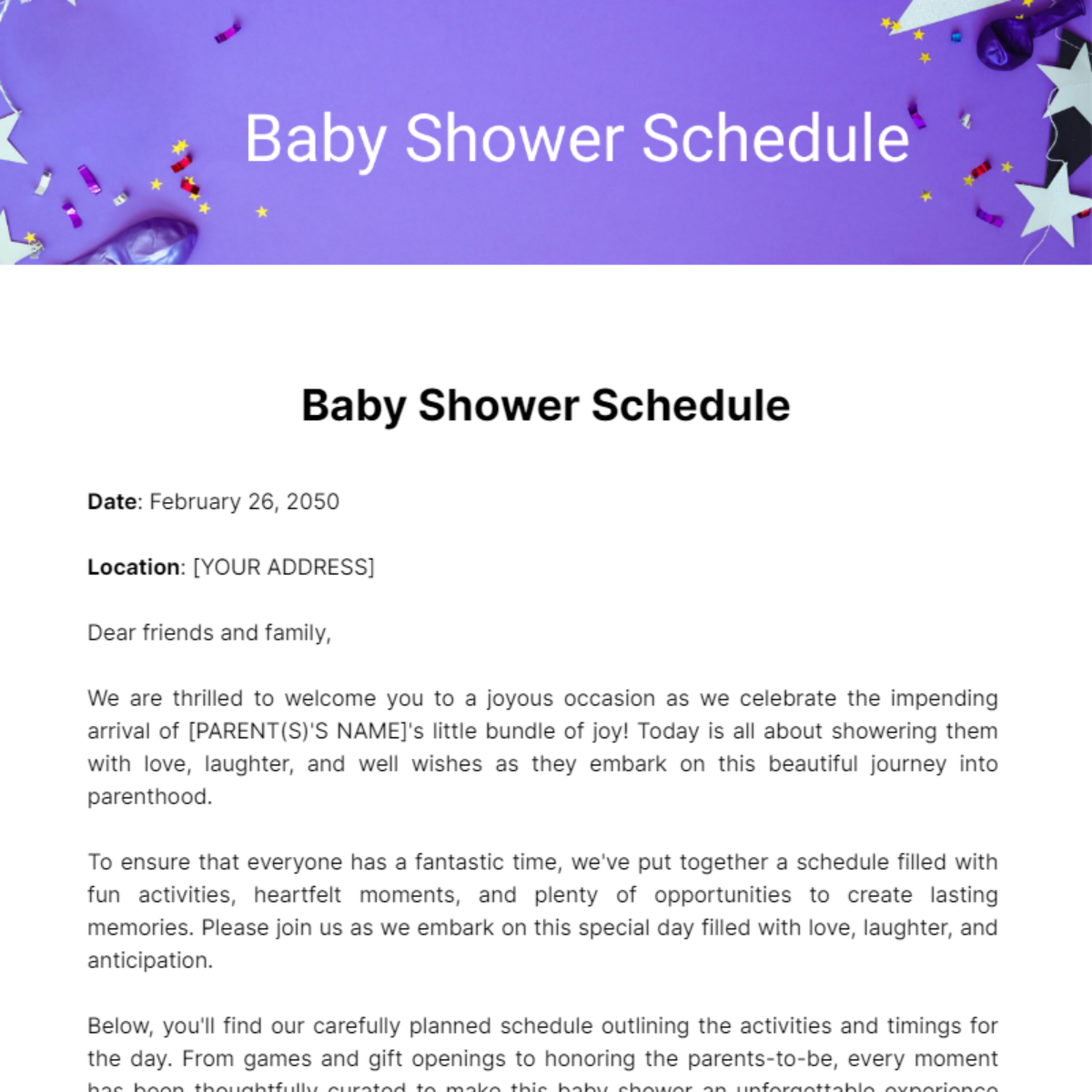 Baby Shower Schedule Template