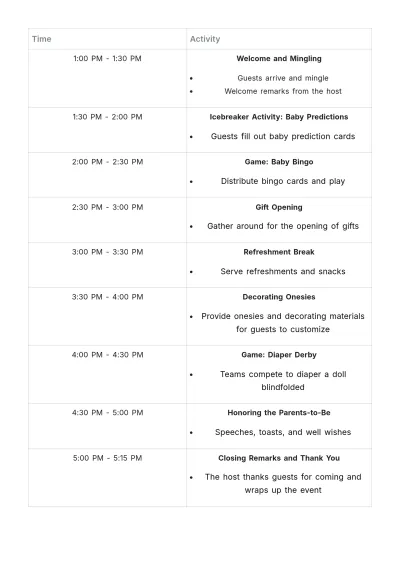 Free Baby Shower Schedule Template to Edit Online