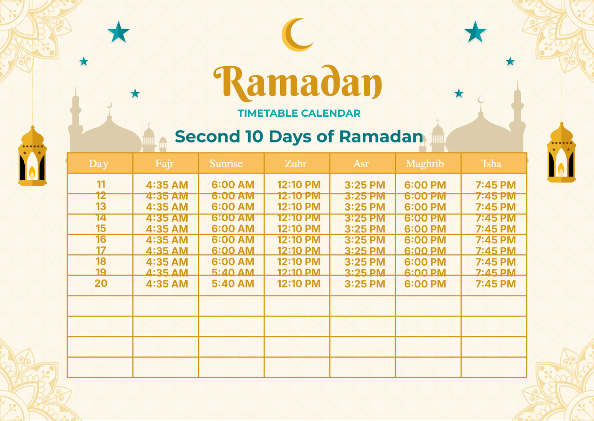 Free Ramadan Timetable Calendar Template to Edit Online