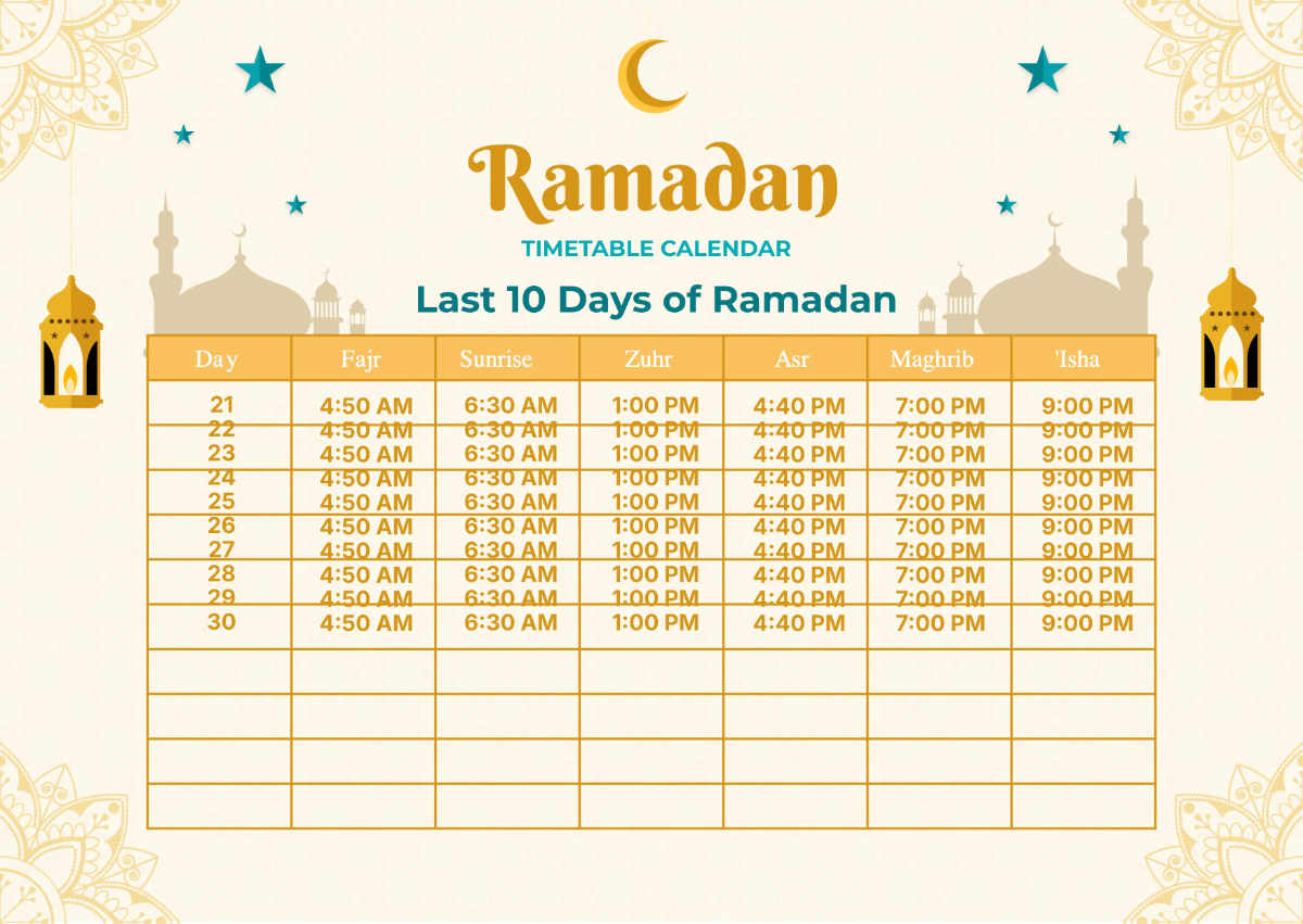 Free Ramadan Timetable Calendar Template to Edit Online